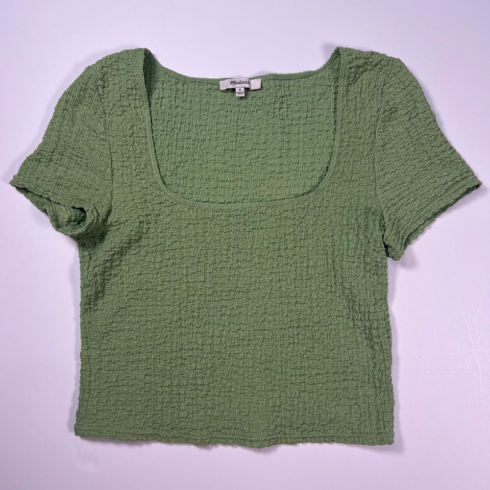 Madewell Popcorn Top Green Medium Cropped‎ Textured Square Neck Short Sleeve